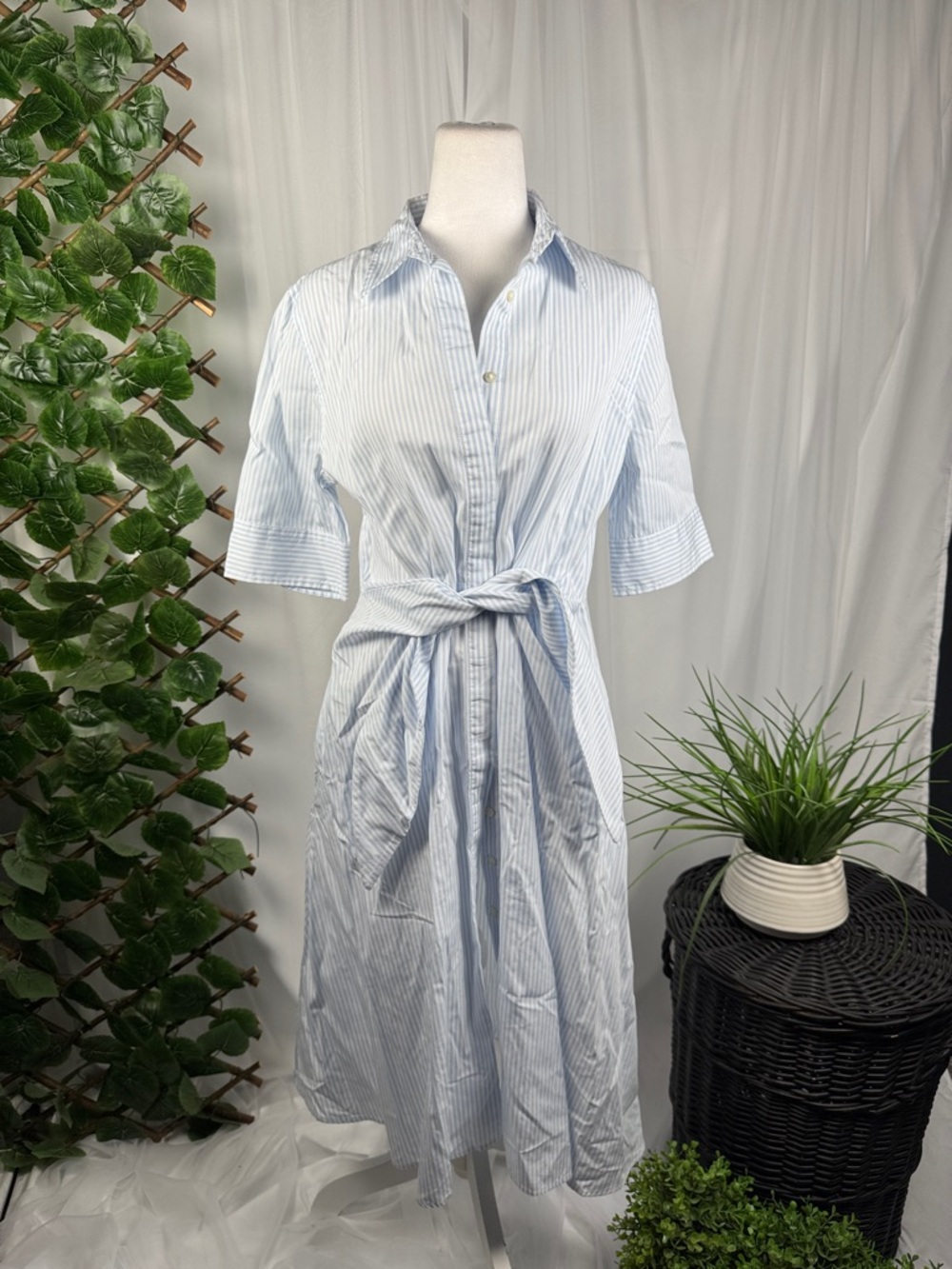 Ralph Lauren Light Blue & White Striped Tie-Waist Shirt Midi Dress
